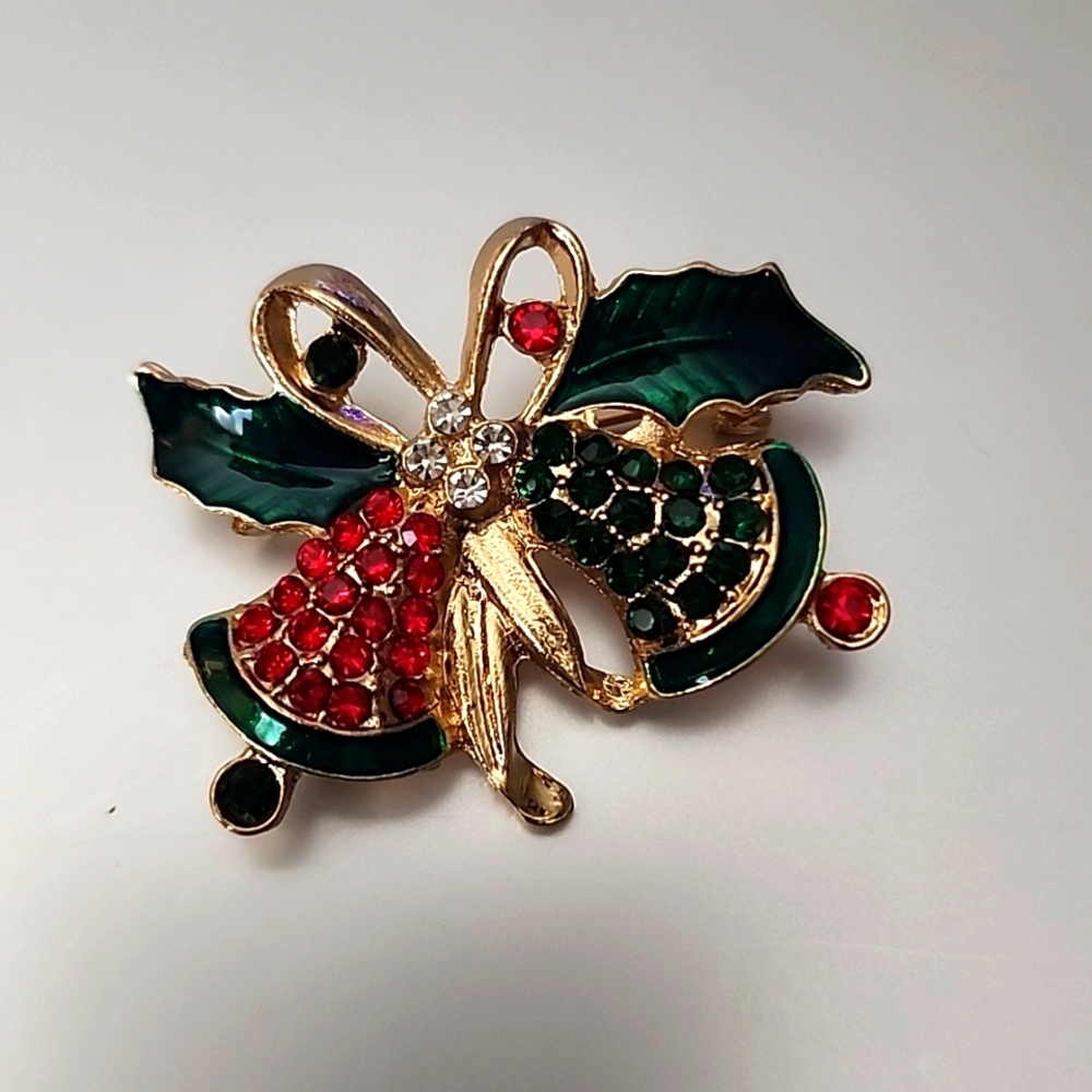 Christmas Enamel  Rhinestone Christmas Holiday  Bell Brooch